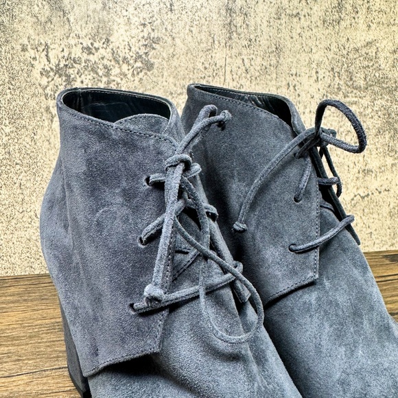 Delman suede gray-blue open toe booties, leather Anita heeled boots, size 9.5 - Picture 5 of 11